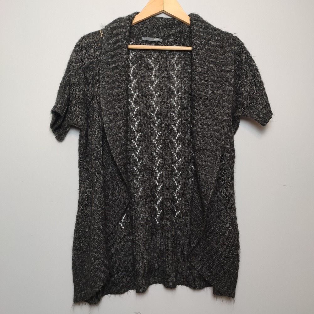 Smart Set Pointelle Knit Open Front Cardigan Charcoal Grey Short Sleeve Medium